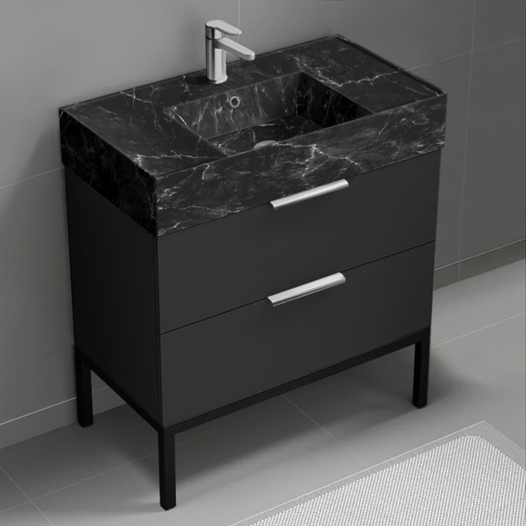 Nameeks DERIN869 Black Bathroom Vanity With Black Marble Design Sink, Modern, Free Standing, 32 Inch